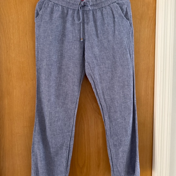 GUESS Linen Chambray Pants | Size XS | Blue Drawstring Straight Leg - Picture 2 of 4